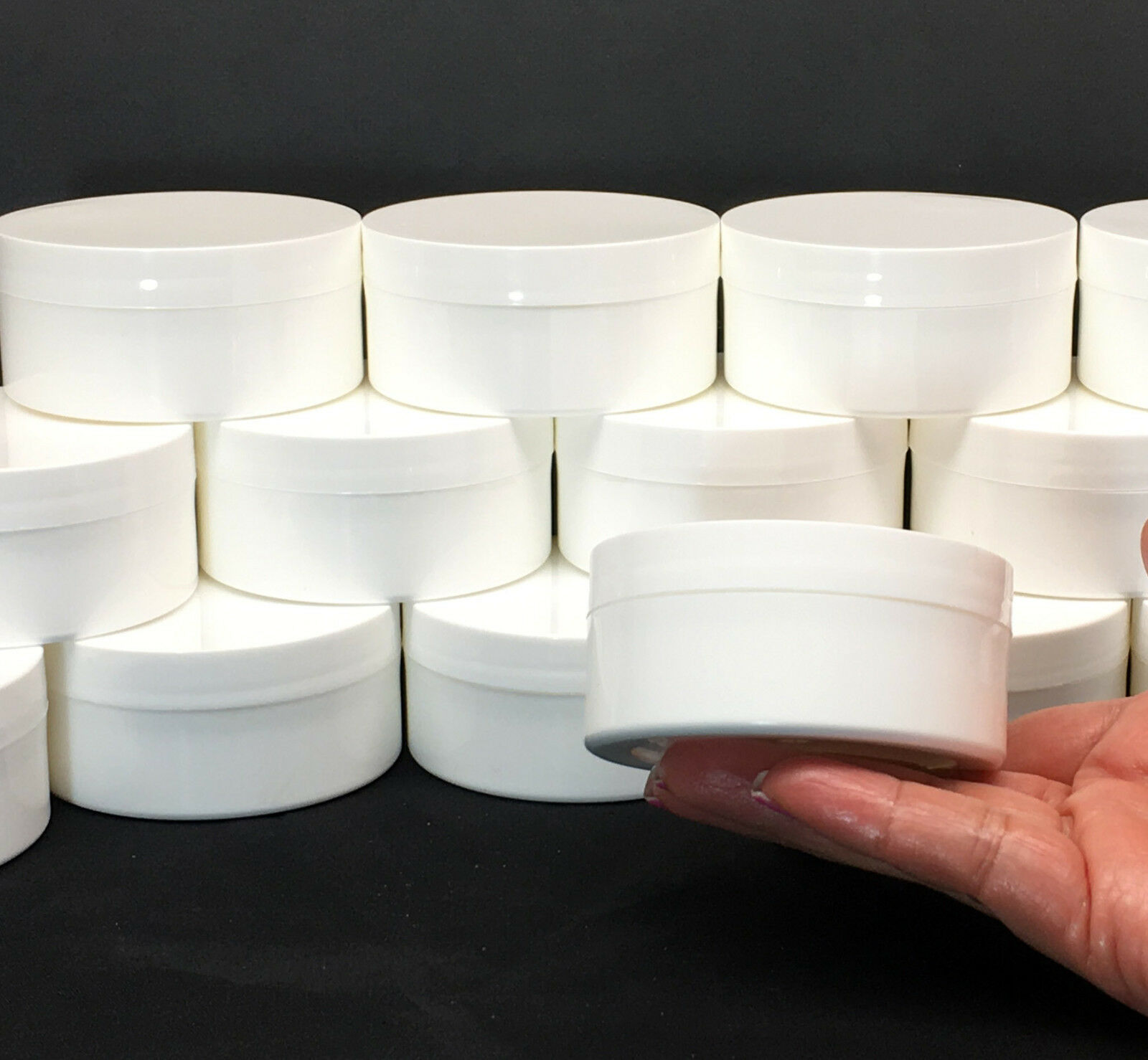 36 White Plastic Containers Low Profile Wide Mouth Thick Wall Jars Lid