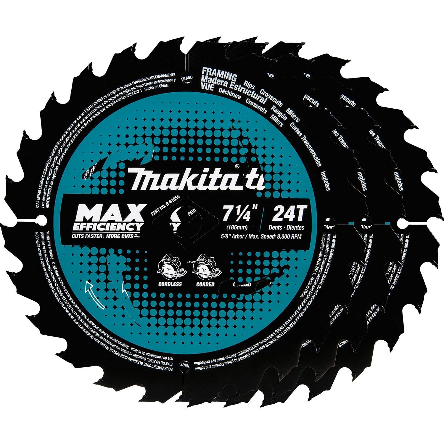 Makita B-61656-3 7-1/4 24T Carbide-Tipped Max Efficiency Circular Saw Blade, Fr