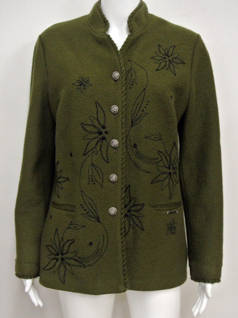 GEIGER Loden Green Boiled Wool Embroidered Cardigan Sweater Jacket 38 M ...