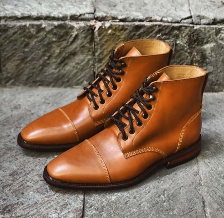 New Handmade Men's Ankle High Boot,Men's Tan Brown Leather CapToe LaceUp Formal