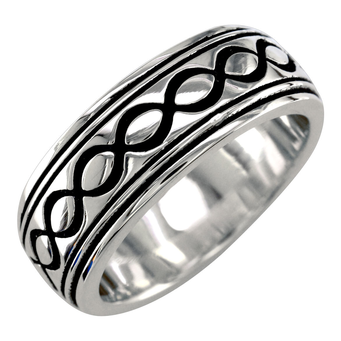 Mens or Womens Wide Infinity Wedding Ring with Black, 8.5mm in Sterling
