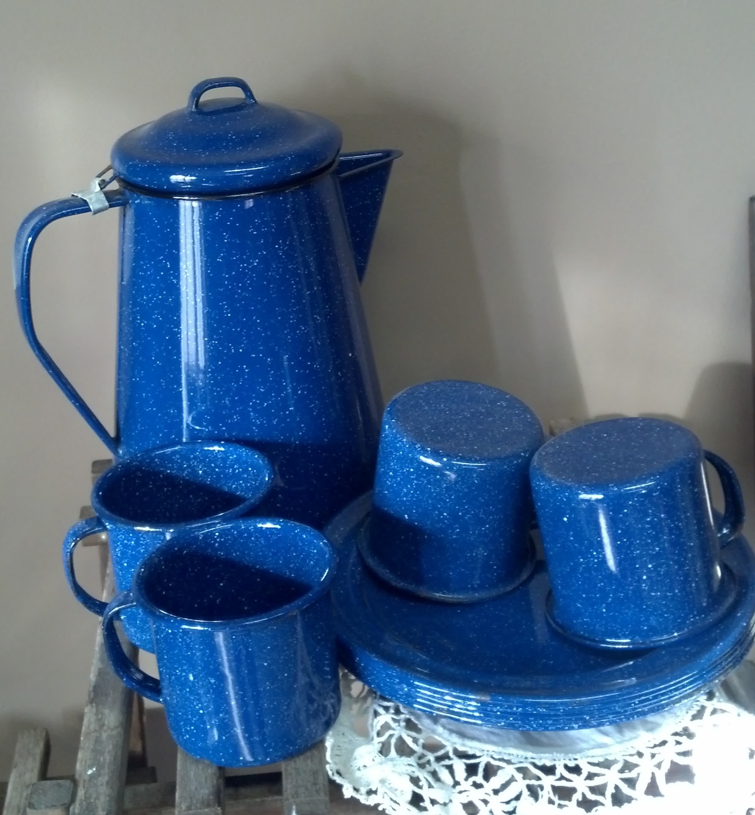  Blue  Enamelware  Camping Set  Pitcher Cups Plates Outdoor 