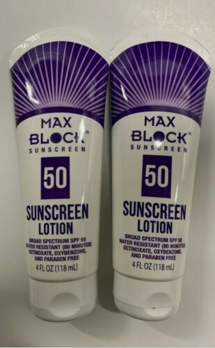 2x Max Block 50 SPF Sunscreen Sunblock Lotion 4 oz Water Resistance Purple.