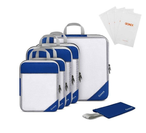 10pcs/set Travel Storage Bag Suitcase Mesh Pocket & 4 Reusable Zip Bags - Blue