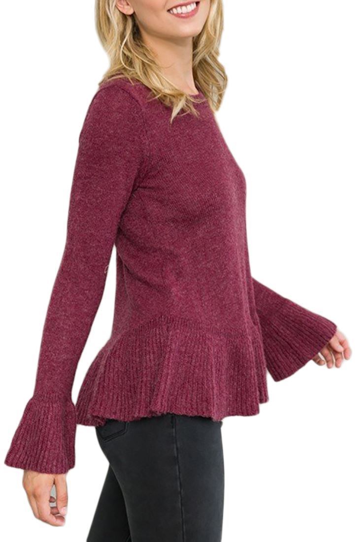 Mystree Women's Ruffle Bottom Dtail Sweater Top Wine Tops & Blouses