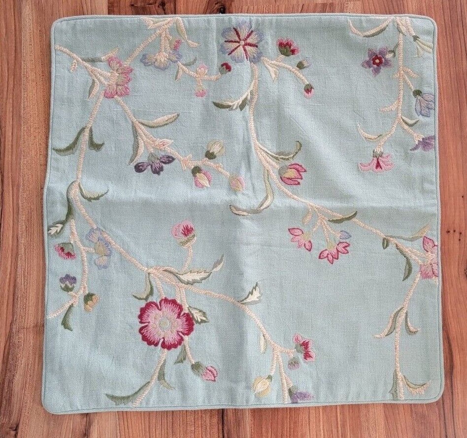 Primary image for Pottery Barn EMBROIDERED PILLOW COVER Decorative LINEN FLORAL GREEN  #P397