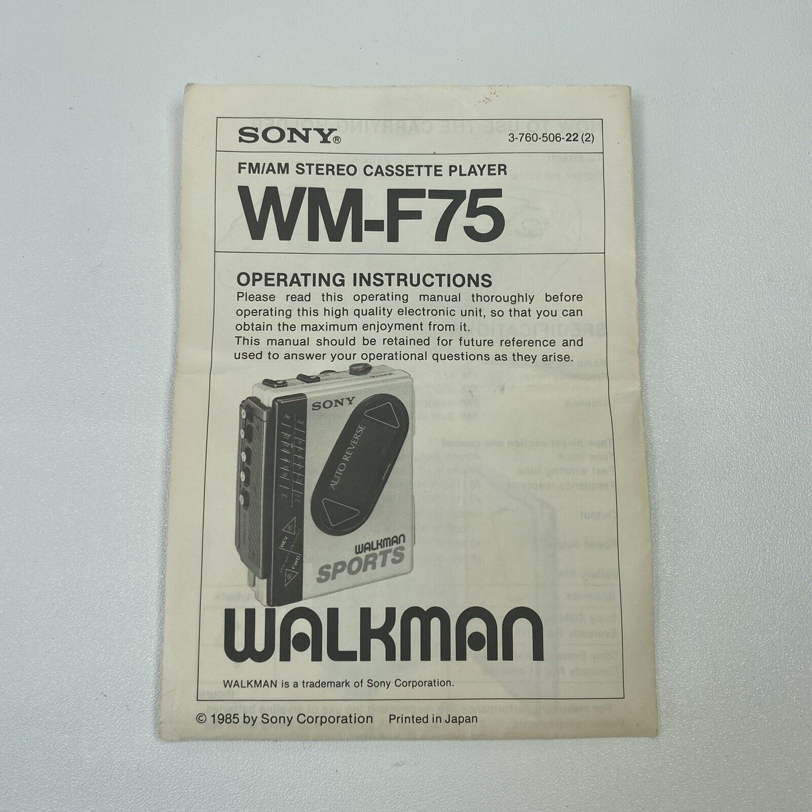 Sony Sports Walkman WMF75 Cassette Tape Player AM/FM Radio MANUAL ONLY