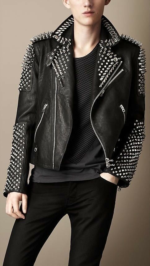 Men Genuine Leather Black Color Brando Biker Full Silver Studded Handmade Jacket