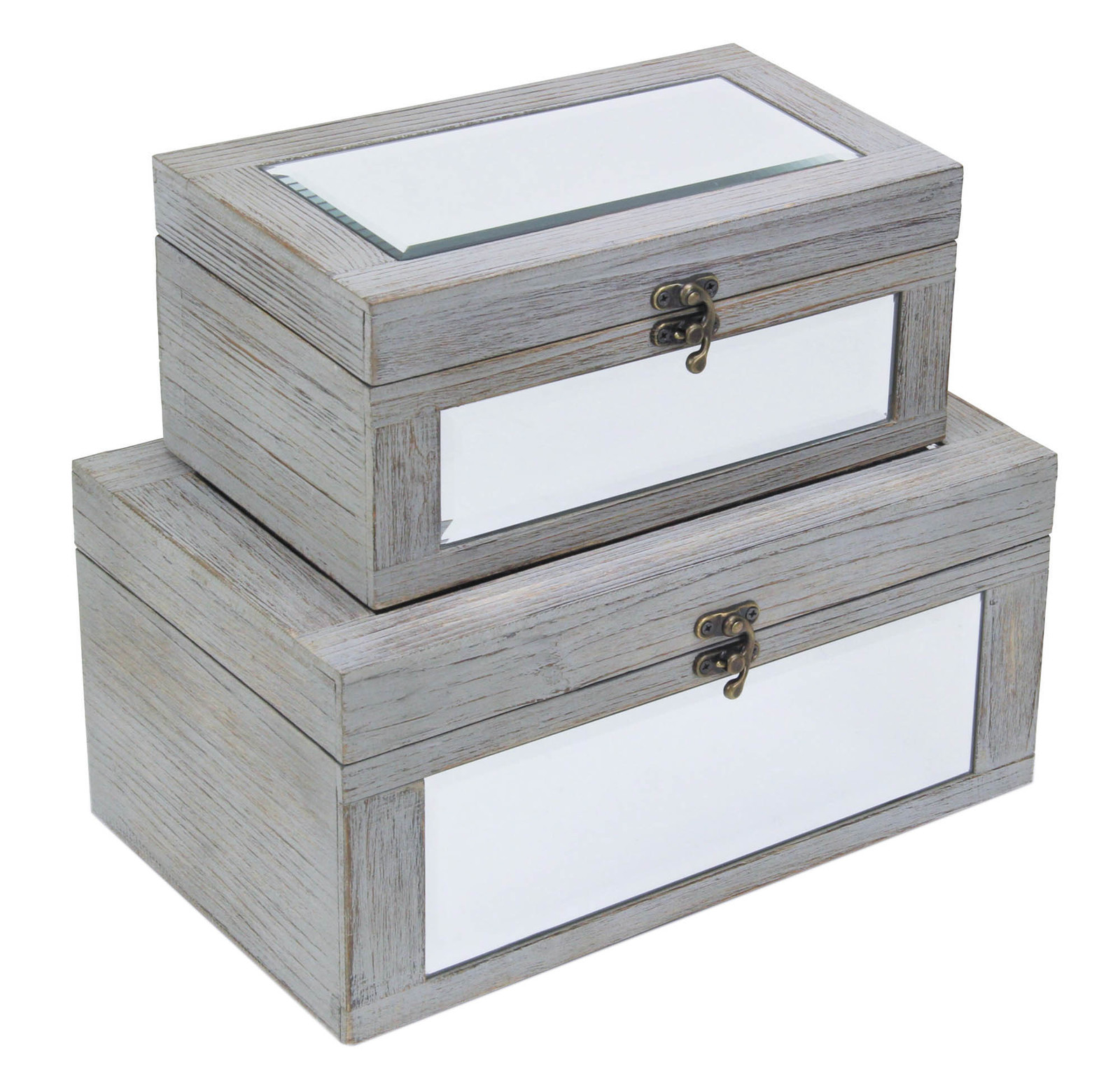 Cheungs Decorative Set of 2 Gray Washed Mirrored Wood Boxes - $76.59