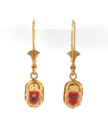 Egyptian 18k Yellow Gold Scarab Beetle Lotus Flower Earrings with Coral ... - $564.30