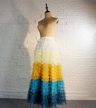 Women Yellow Blue Tiered Maxi Skirt Outfit High Waisted Wedding Full Tulle Skirt image 3