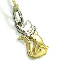 SOLID 18K YELLOW & WHITE GOLD SMALL 16mm 0.63" CAT PENDANT, MADE IN ITALY image 1