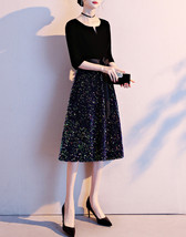 Black Half Sleeve Velvet Midi Dress Womens High Waist Formal Dress Plus Size image 2