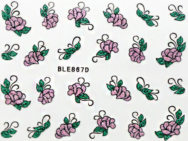 Nail Art 3D Decal Stickers Glittery Green Gold Purple Flowers BLE867D
