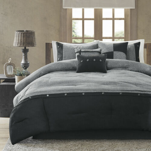 Queen Cal King Bed Gray Grey Black Microsuede Buttons 7 pc Comforter
