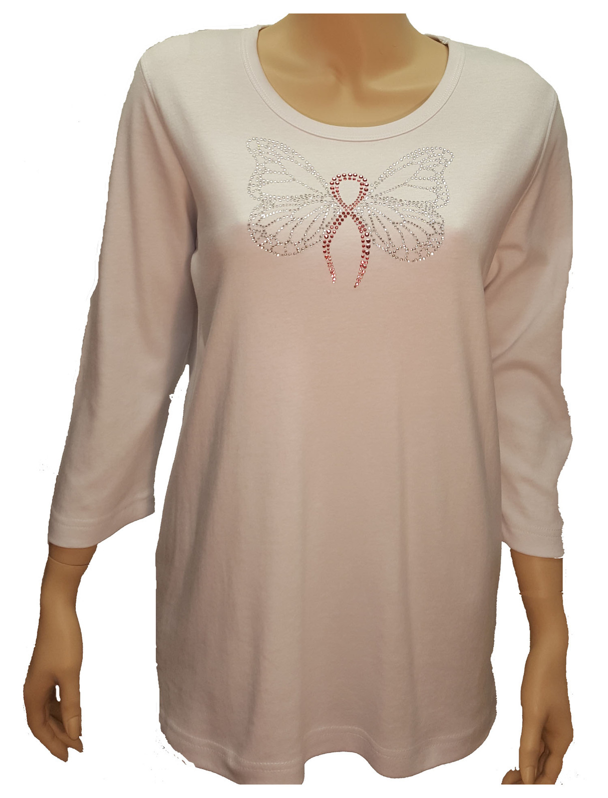 Image of Breast Cancer Ribbon Butterfly White Knit T Shirt Scoop Neck / Sleeves
