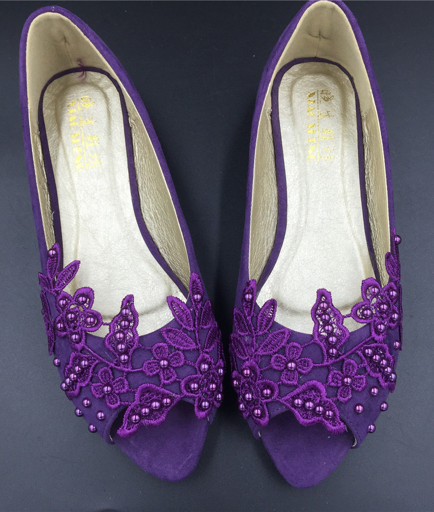 dark purple open toed lace wedding shoes,purple women bridal peep toe flats