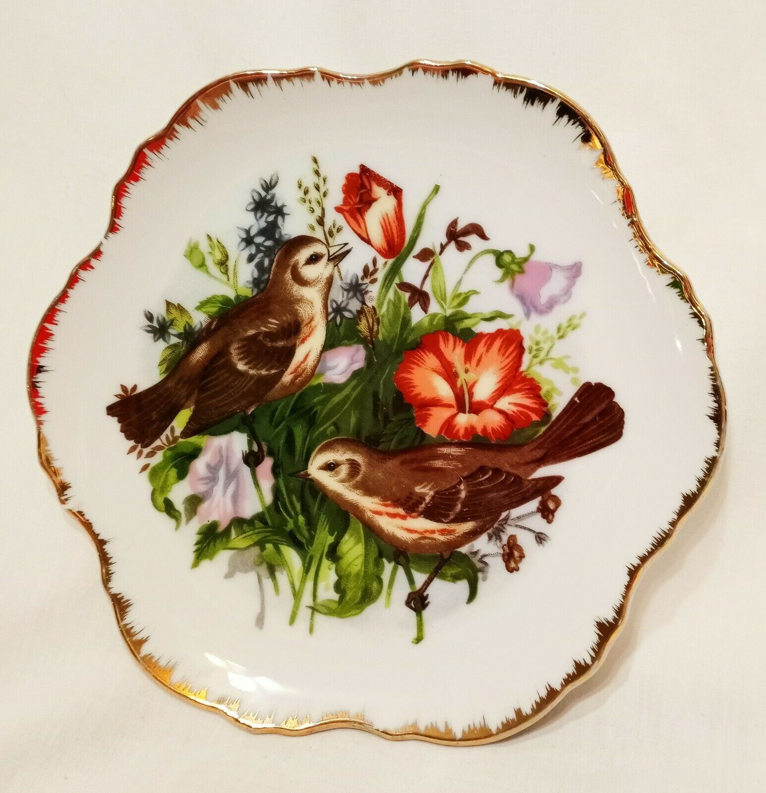 Primary image for  Brown Bird Flowers Vintage Plate Decorative Japan 7.5" Porcelain Scallop Edge 