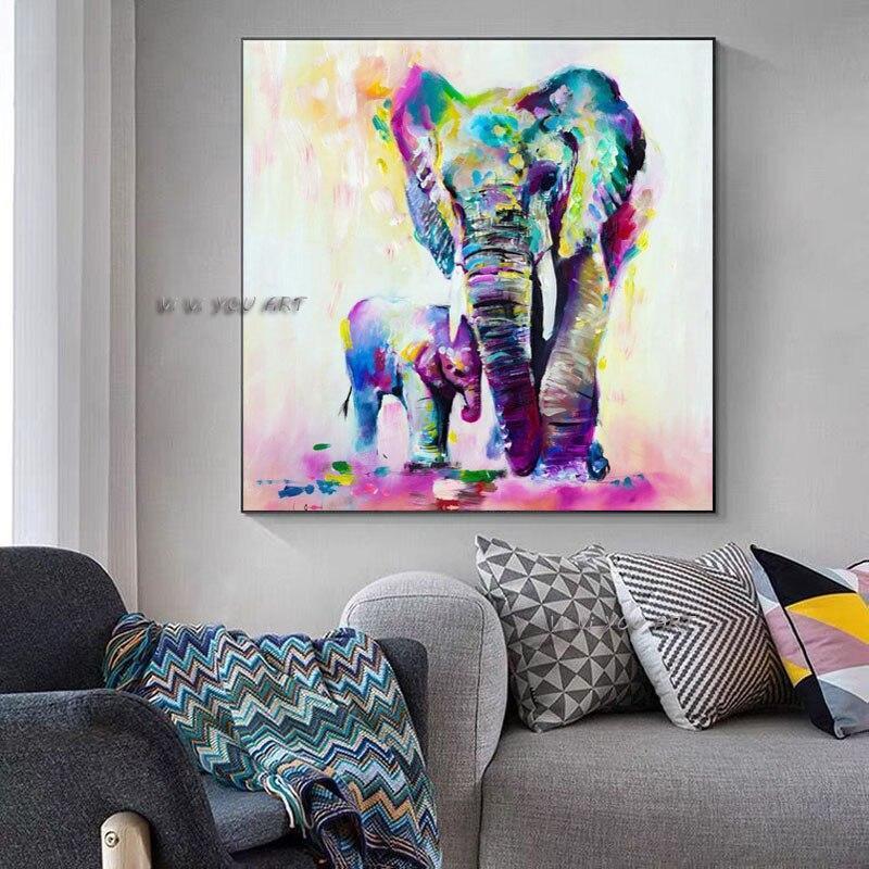 100% Handmade Elephant Abstract Oil Painting Minimalist Colorful Modern Wall Art