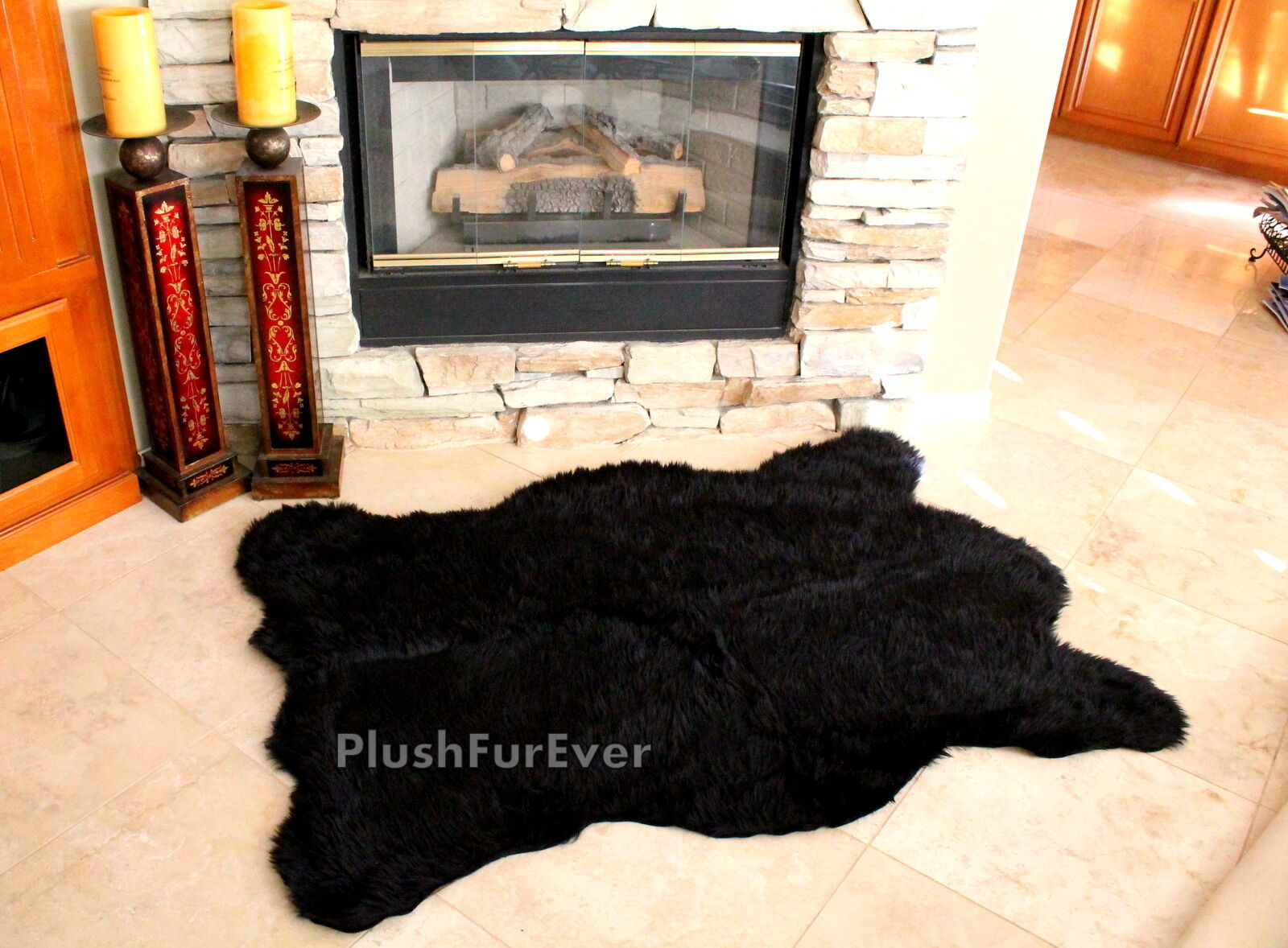 5' x 7' Californian black bear faux fur rug bearskin realistic lodge