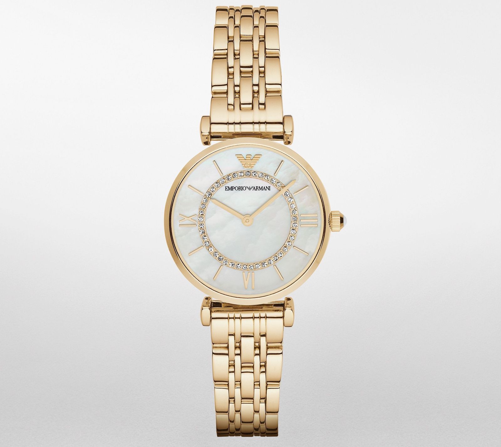 Emporio Armani Gold Tone Mother of Pearl Crystal Encrusted Dial Watch AR1907