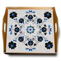 Classic ottoman tray - Blue flowers on white marble background - Aluminium Frame - $199.00