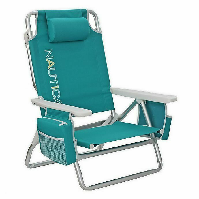NAUTICA 5Position Beach Chair w/ Head pillow & Cup Holder Teal NEW
