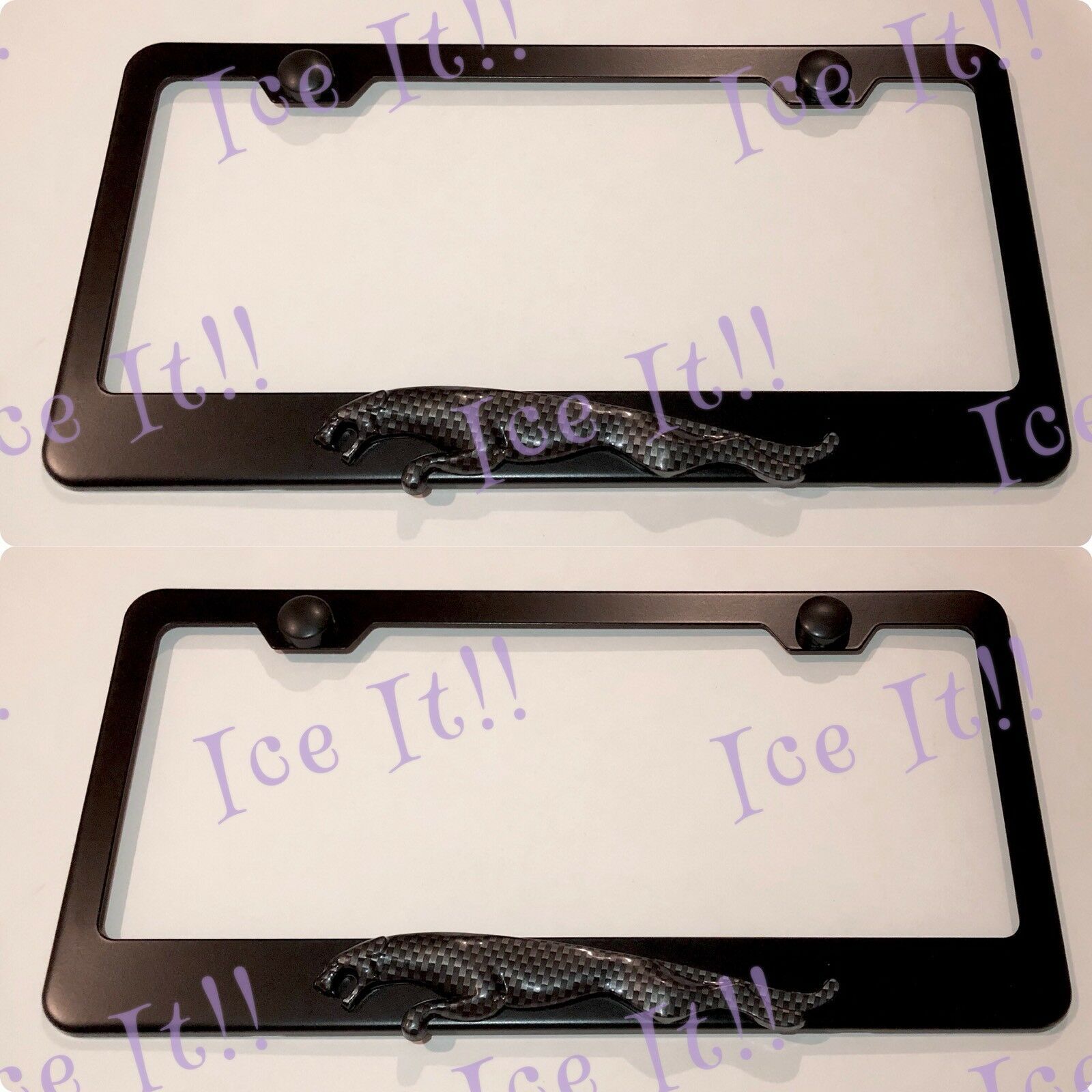 2X 3D Jaguar Carbon Fiber Emblem Black Stainless Steel License Plate