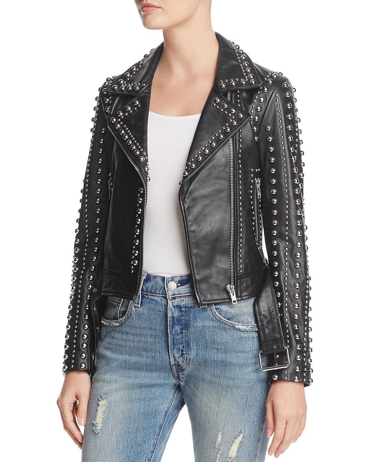 New Rebecca Minkoff Adelia Black Punk Silver Studded Leather Jacket 2019
