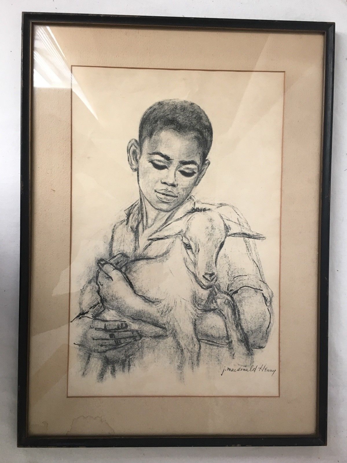 J Macdonald Henry Jamaican Boy with Goat Charcoal Lithograph Matted ...