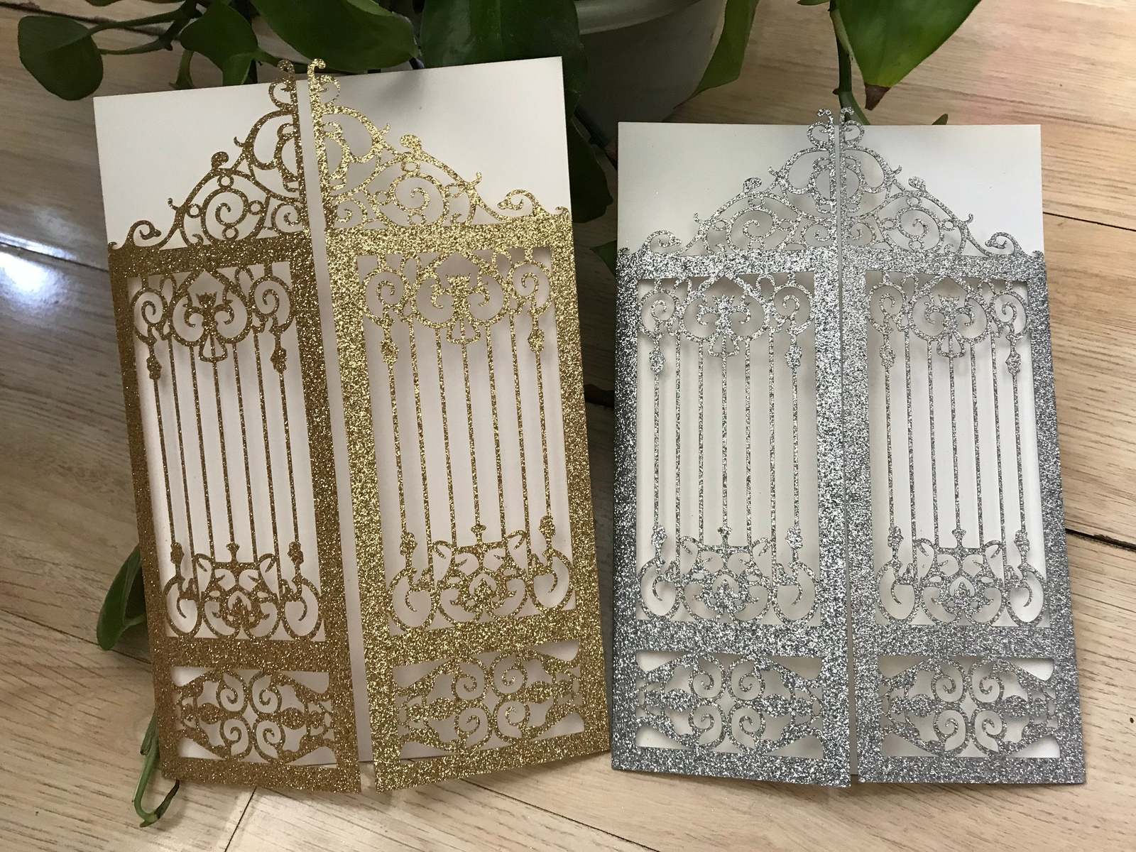 10pcs Glitter Gold Gate Wedding Invitations,Menu Cards,Laser Cut