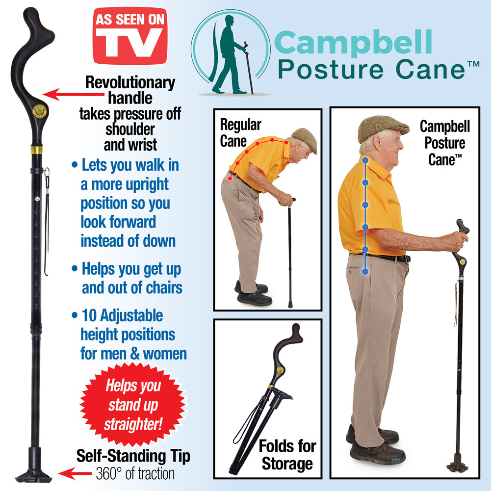 Campbell Posture Cane As Seen on TV Walking Cane with 10 Adjustable Heights NEW Crutches