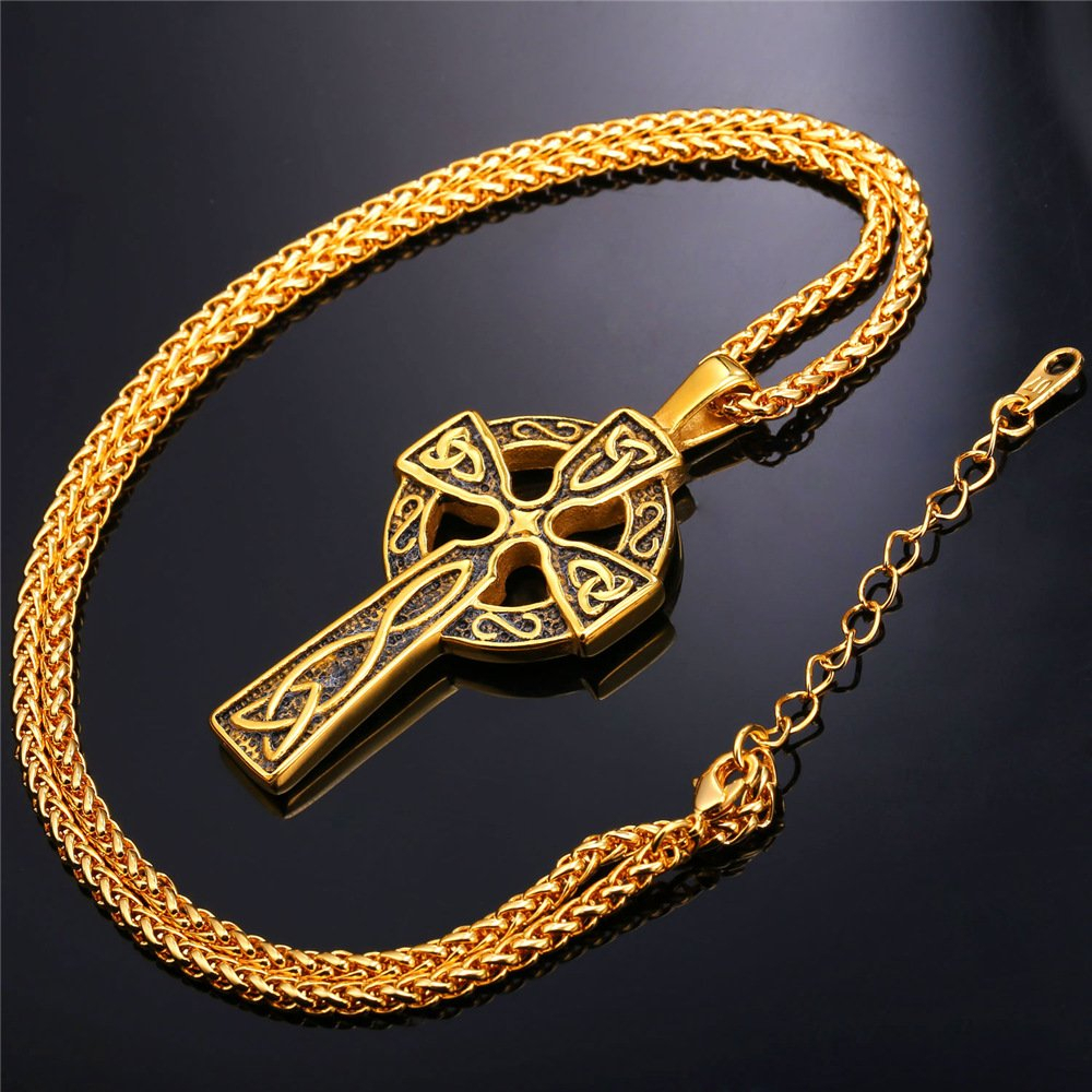 U7 Antique Celtic Cross Necklace for Men 18K Gold Plated Rope Chain ...