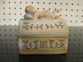 Lefton Bisque Porcelain Trinket Box with Sleeping Baby Cupid KW2710 Cat No - $12.25