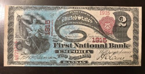 Reproduction $2 National Bank Note 1875 Lazy Deuce Emporia, Kansas Copy