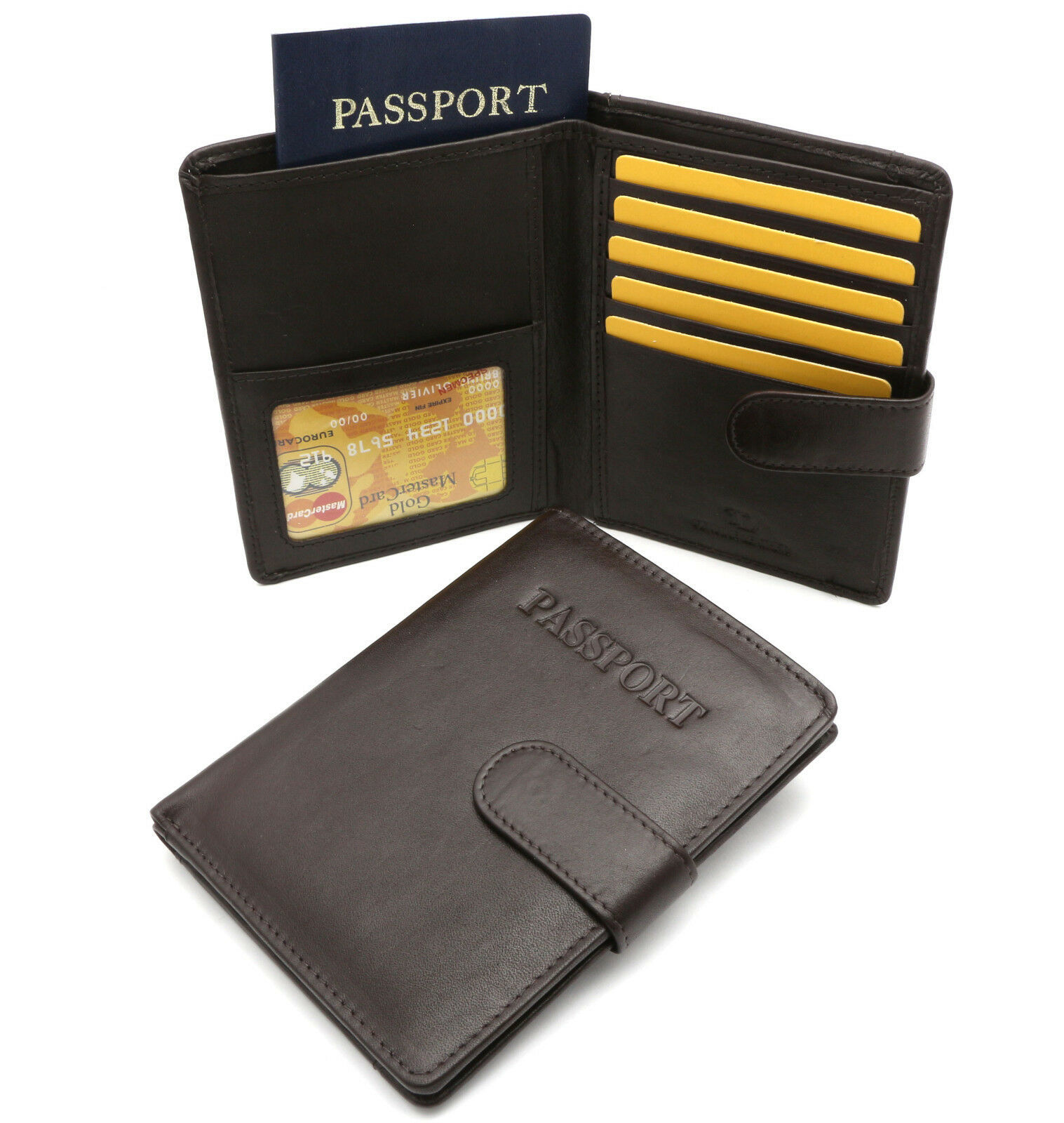 Bifold Brown Genuine Leather "Passport" Snap Button Large Wallet w