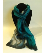 Hand Painted Silk Scarf Charcoal Peacock Teal Silver Ladies Head Neck Ne... - £41.27 GBP