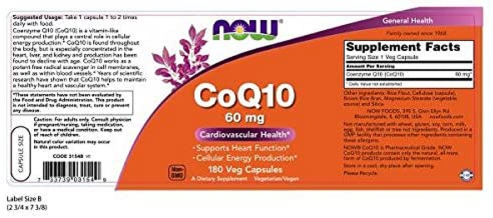 NOW Supplements, CoQ10 60 mg, Pharmaceutical Grade, All-Trans Form of CoQ10