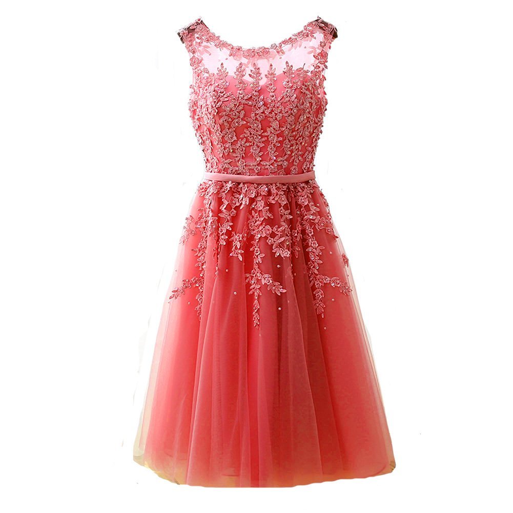 Kivary Sheer Tulle Bateau Tea Length Short Lace Pearls Prom Homecoming Dresses C