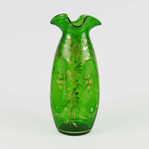 Antique Emerald Green Pinch Vase, Art Nouveau HP Gold Maple &amp; Floral, Bl... - $39.60