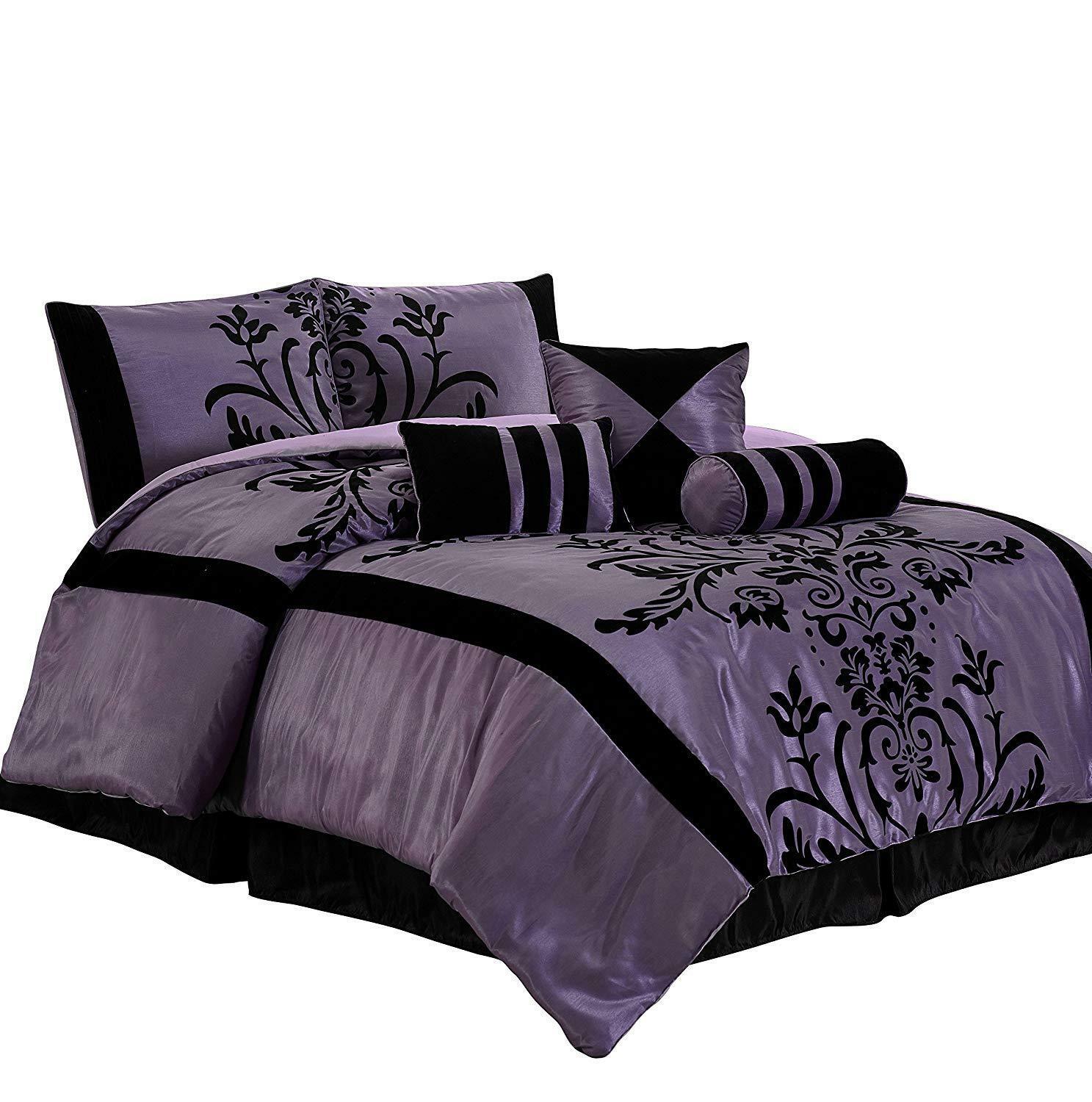 Full Queen Cal King Bed Black Purple Floral Damask 7 pc ...