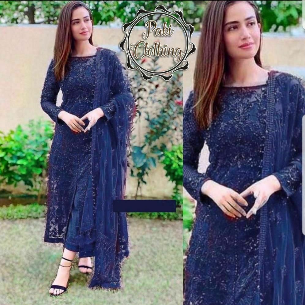 Stitched MARYUM HUSSAIN Pakistani Indian Elegant Designer Dress Blue Net Suit