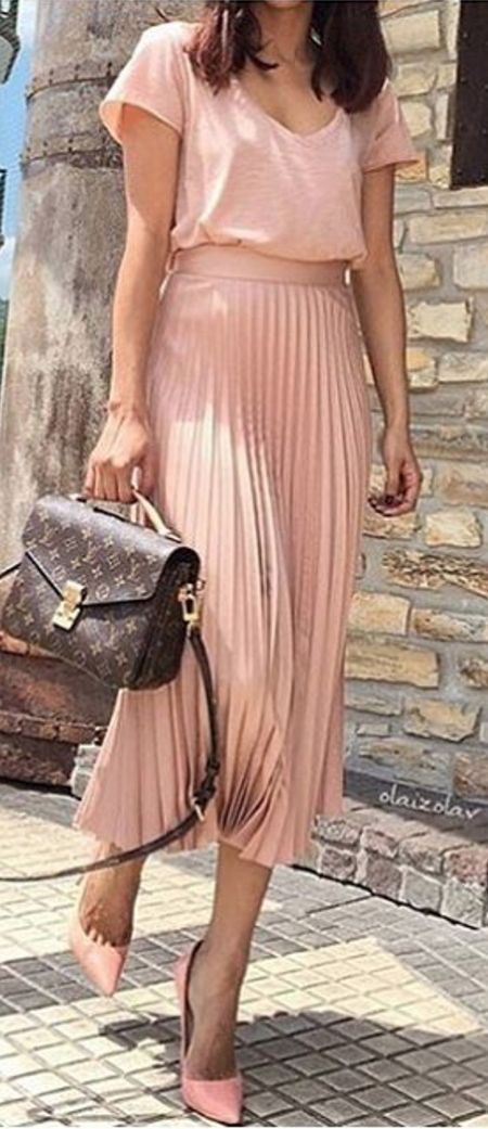 New blush pink pleated long 7/8 length casual women skirt elegant autumn fall