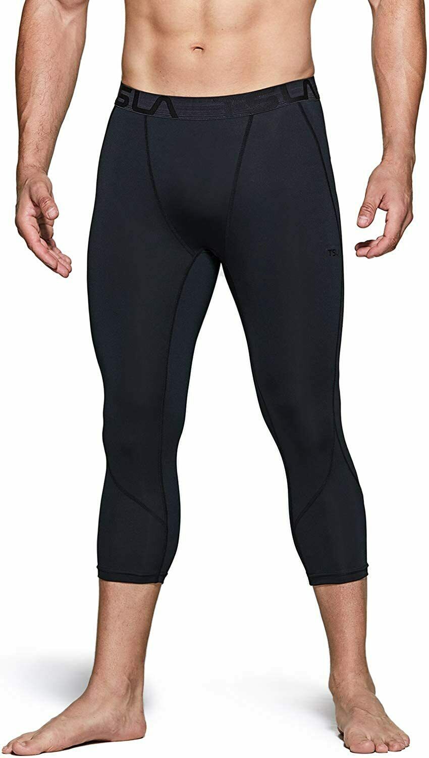 TSLA 1 or 2 Pack Men's 3/4 Compression Pants, Running Workout Tights ...