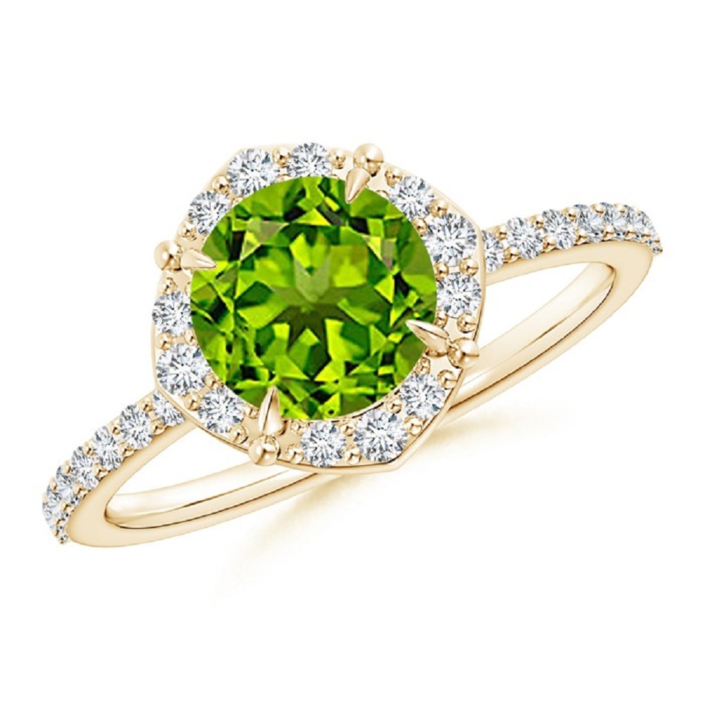 Cushion Cut Green Peridot & CZ Diamond 14K Yellow Gold Fn Engagement Halo Ring
