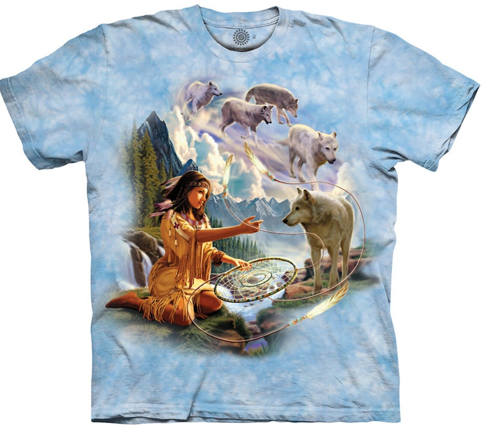 Mountain Native American Woman Dream Catcher Wolf Spirit Blue T-Shirt S-2X