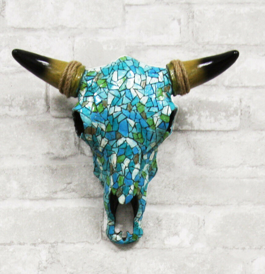 Ebros 11.5 W Turquoise Mosaic Steer Bison Bull Head W/ Horns Wall Mount Decor