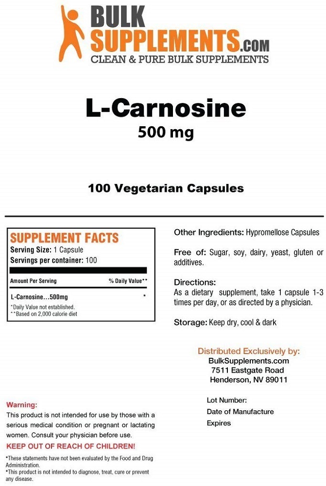 BulkSupplements Pure L-Carnosine (100 Vegetarian Capsules)