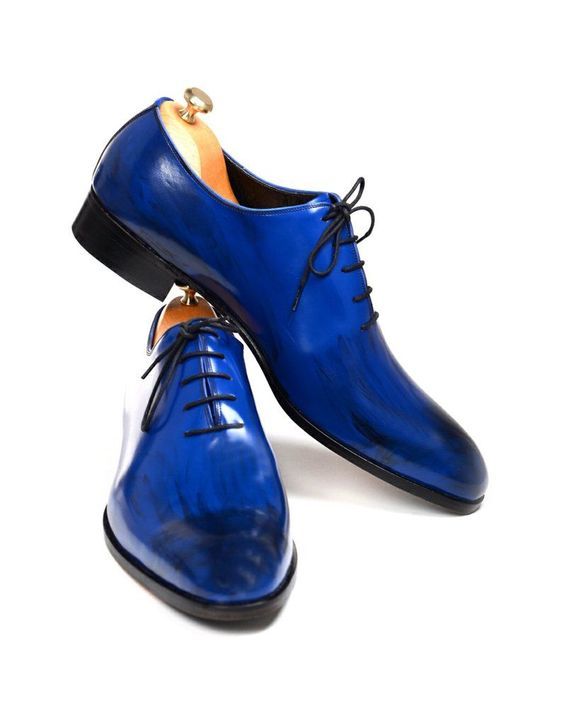 Oxford Blue Color Plain Burnished Toe Black Sole Genuine Leather Lace Up Shoes