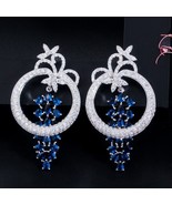 Blue Sapphire, Emerald Crystal Round Dangle Drop Long Flower 925 Sterlin... - $224.99